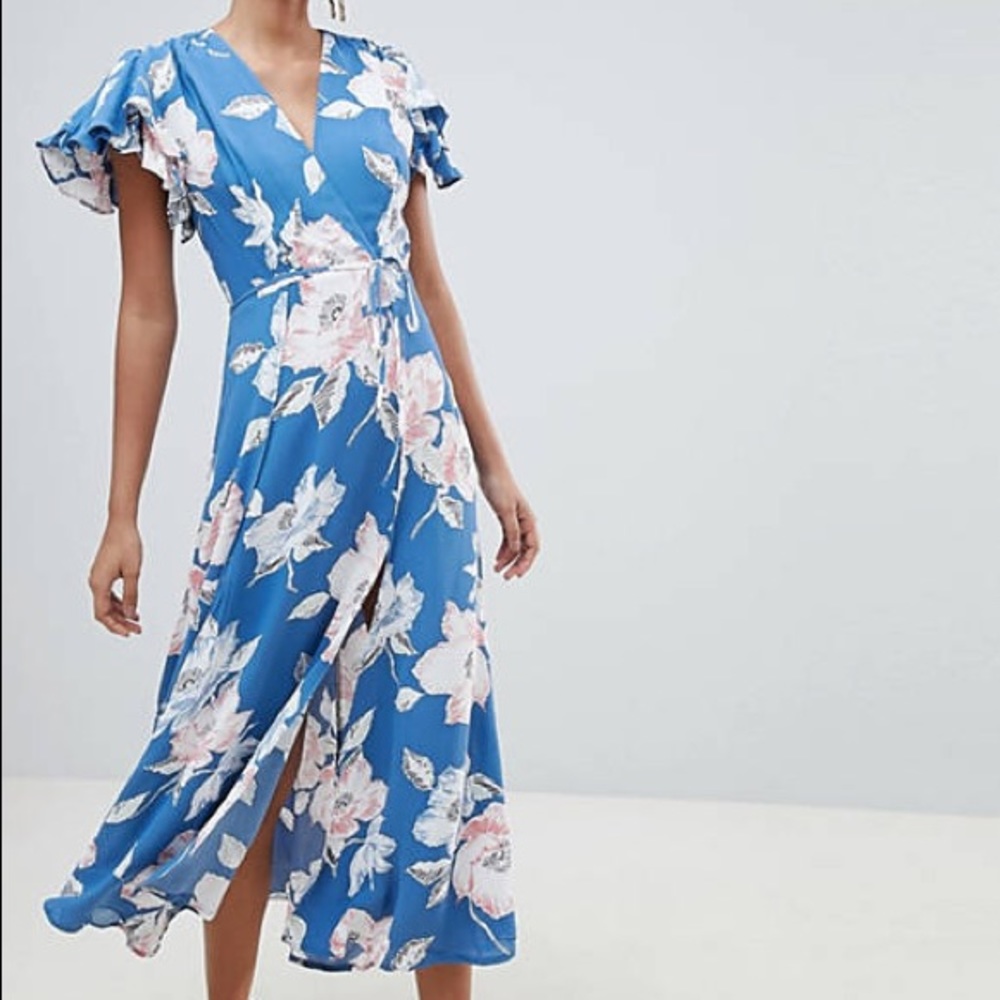 French Connection Blue Floral Wrap Style Midi Dress